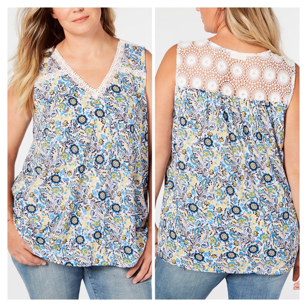 0X Style & Co Blue/Yellow Crochet Boho Tank